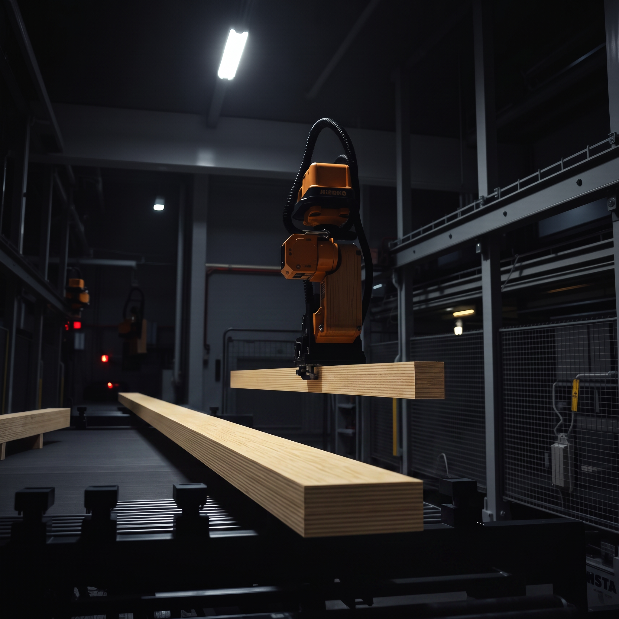 Stansted robotic arm placing an LVL timber beam on the assembly line